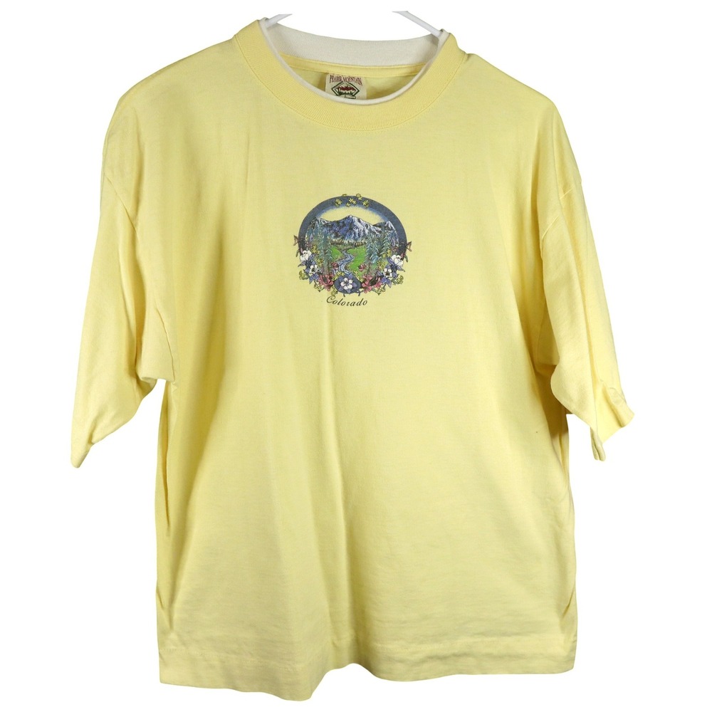 Vintage 90s Prairie Mountain‎ Colorado Glitter 100% Cotton Graphic Tee Yellow Lg